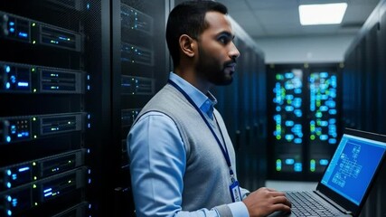 Man working on laptop in a server room environment