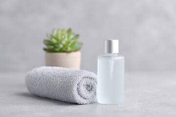 Wall Mural - flat-lay of modern glass dispenser rolled towel succulent in pot on concrete countertop