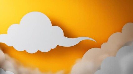 Abstract graphic design with white clouds against an orange backdrop. Soft, paper-cut style clouds