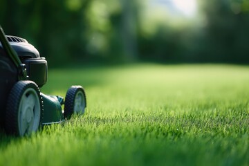 Wall Mural - man mowing green lawn with walk-behind mower on sunny day