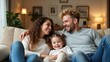 © Bright - Happy family sitting on a couch together in their living room smiling
