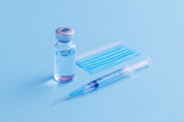 Wall Mural - syringe gloves and mask placed in triangle on light blue surface
