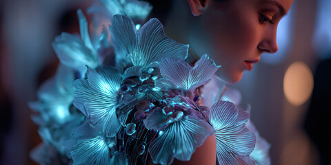 Wall Mural - full-body shot of model wearing living coral polyp-inspired exoskeleton with bioluminescent veins