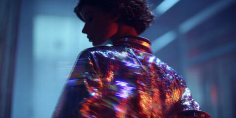 Wall Mural - Model Frozen Mid-Glitch Wearing Semi-Reflective Polymer Jacket with Purple-Red Trails

