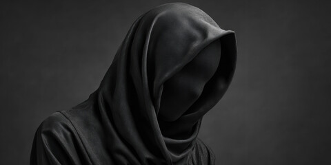 Wall Mural - Mysterious Figure Wearing Black Hooded Suit Obscuring Face and Silhouette

