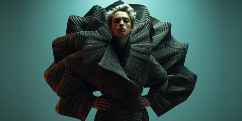Wall Mural - Model stands frontal, gender-neutral, with their neck unnaturally stretched into a twisting spiral that emerges into a second blurred face overlay. 