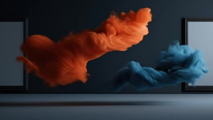 abstract swirling clouds of orange and blue in a dark room. two floating, dynamic forms against a ne