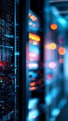 Wall Mural - focus smoothly changes on a server rack with blinking lights and cables in a modern data center, cre