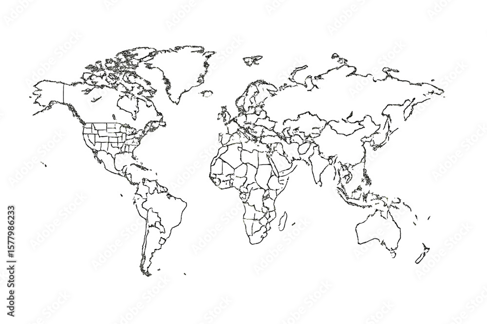 Detailed World Map Outline with Country and State Borders, Continents ...