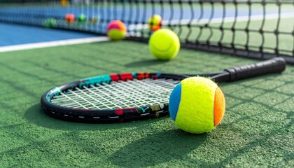 Tennis Racket with Bright Yellow Ball on Green Court with Blurred Balls on Net
