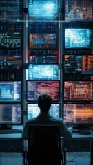 Wall Mural - system administrator carefully scanning network infrastructure, analyzing digital data flow through 