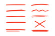 © Johann - Red marker strokes set. Hand drawn lines for underlining text. Grunge brush paint stripes. Highlight scribble. Correction cross out sign. Vector design element collection isolated.