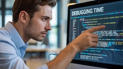 Young professional debugging software code on computer screen at workplace, focusing on resolving complex programming errors.
