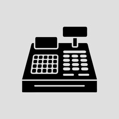 Black silhouette of a cash register with buttons and display screen on a gray background.