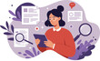 © Cansu - Woman holding tablet surrounded by documents and magnifying glass in purple workspace vector illustration