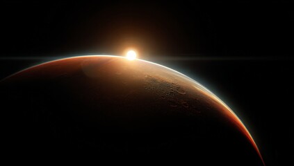 Wall Mural - Red Planet Sunrise: Cosmic Sphere Glowing in Dark Space