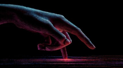 digital hand touching red light on dark surface