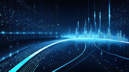 Wall Mural - Abstract digital artwork depicting a glowing highway leading a futuristic cityscape night, symbolizing technological advancement progress.