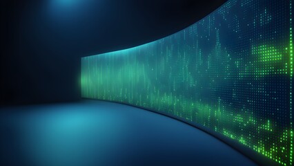 Abstract image a curved wall displaying a matrix glowing green code a dark blue room.
