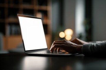 close up view of hands typing on keyboard of modern laptop with bright blank screen in dimly lit roo