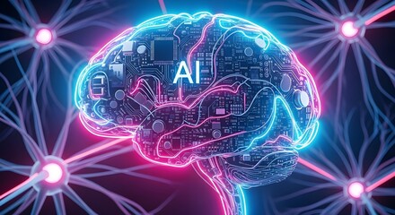 ai brain with circuit board and neon lights