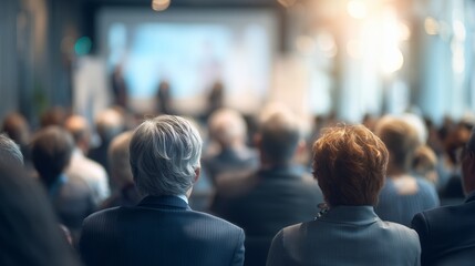 rear view of diverse audience members attending a business conference, seminar, or presentation, blu