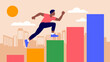 © Hariyanto Bromantio - Man running up bar chart stairs toward success in cityscape vector art