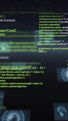 programming code and data processing animation over digital interface with graphs