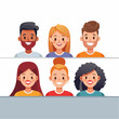 © dian - A flat vector illustration of six happy, smiling faces representing a diverse range of people. Clean, minimalist style and pastel hues