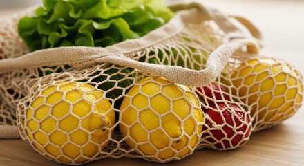 Fresh Citrus and Greens in Reusable Net Bag, Sustainable Shopping Concept.