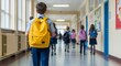 © NE97 - Back to school scene depicting children in a school hallway with backpacks. Ideal for education ads, school safety campaigns, and education-related marketing visuals.