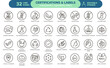 © Pedro - Certifications and product label icon set. Thin line editable stroke icons for sustainability, natural ingredients, ethical sourcing, organic food, clean beauty, eco packaging and non toxic products