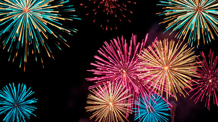 A vibrant display of colorful fireworks exploding against the dark night sky background in celebration