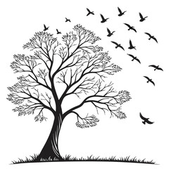 Elegant tree and flying birds silhouette isolated on white background