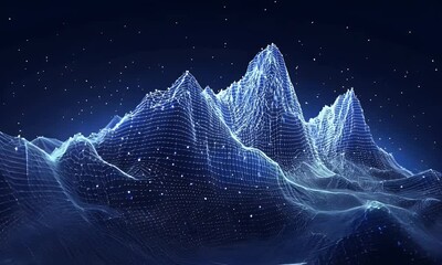 Wall Mural - abstract digital blue background with dots and lines in the form of an illuminated mountain landscap