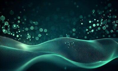 Wall Mural - abstract futuristic background with digital waves and dots, in a dark blue-green color gradient.
