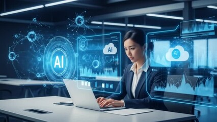 female data analyst working with artificial intelligence and cloud computing system using futuristic