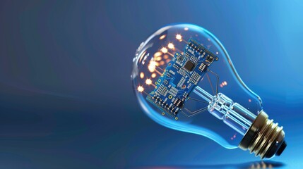 Wall Mural - transparent blue light bulb revealing a microchip circuit board inside, symbolizing tech ideas