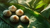 Fresh steamed dumplings with pleated folds arranged on green banana leaves in natural sunlight for traditional cuisine