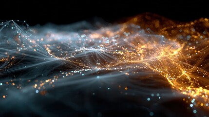 Wall Mural - abstract glowing light particles in dynamic wave motion on black background