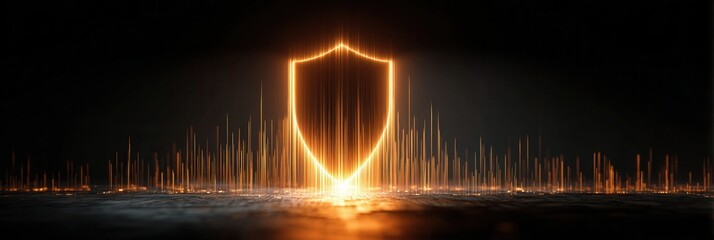 Wall Mural - shimmering shield icon surrounded by golden light and particles