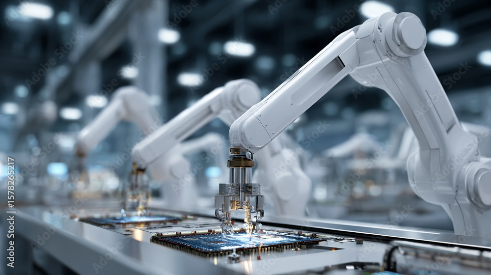 white robotic arms assembling computer chips in a hi tech factory Stock ...