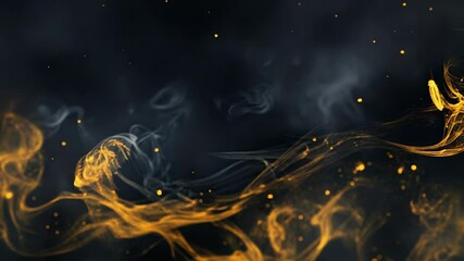 Wall Mural - golden smoke swirling on dark background with glittering particles