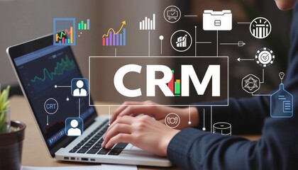 Customer relationship management software concept. Businessman using tablet with CRM icon on virtual screen. CRM for sales, Sales control