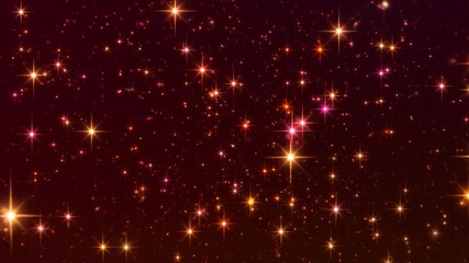 Starry night sky with a dark maroon backdrop scattered with shimmering, multi-pointed stars in shades of gold, pink and red