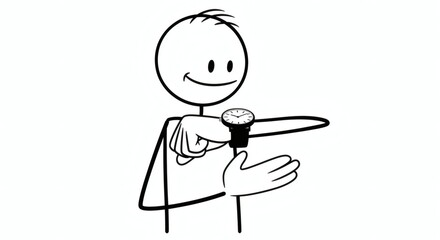 Stick Figure Checking Time on Wristwatch, Isolated on White Background