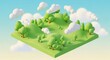 © Oisi - A Whimsical Isometric Landscape with Rolling Green Hills and Fluffy Clouds Under a Bright Blue Sky