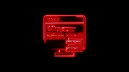 Illuminated neon red computer monitor displaying code on a black background