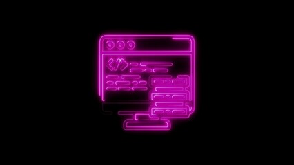 Neon style computer monitor displaying code on a black background illustrating programming
