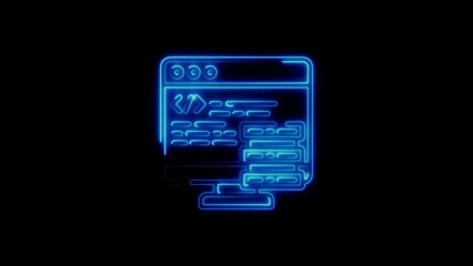 Modern neon illustration of a computer monitor displaying code and software development